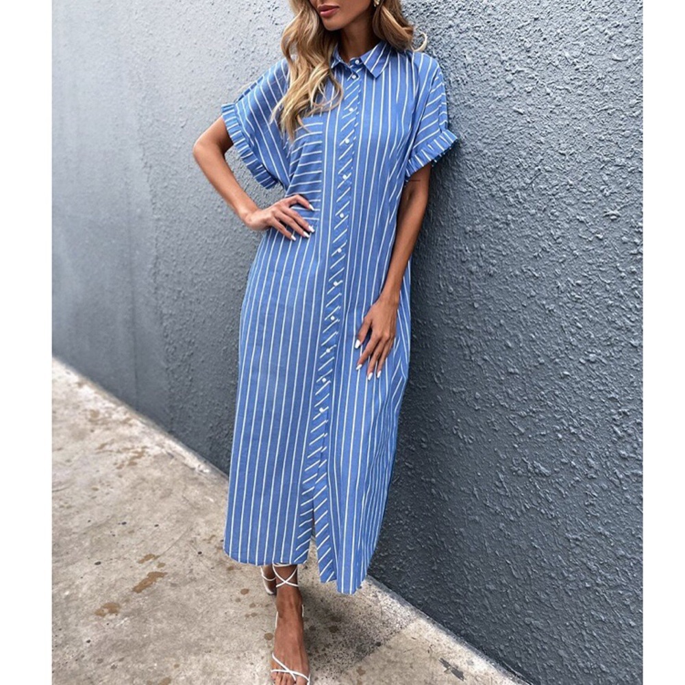 💙 BLUE WHITE STRIPE COLLARD SHIRT MAXI DRESS! - Picture 3 of 11